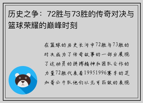 历史之争：72胜与73胜的传奇对决与篮球荣耀的巅峰时刻
